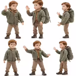 a young boy in various poses wearing a jacket