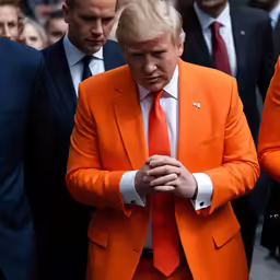 a man in a suit looks down at his cellphone