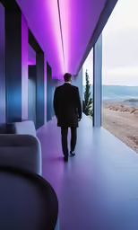a man in a suit walking down a hallway