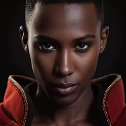 a woman poses for a picture in a dark background