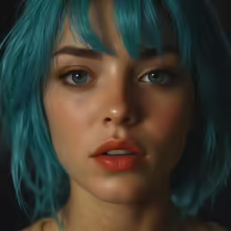 woman with blue hair and red lips posing for photograph