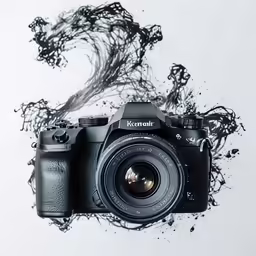 a camera sitting on top of a white surface covered in ink