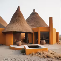 an adobe hut with lots of thatched roof tops