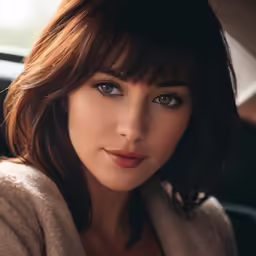a beautiful woman with long hair wearing brown sweater