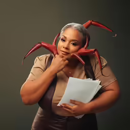 woman holding papers in front of her face