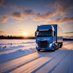 semi truck travels through a snowy road in the distance at sunset,a large truck traveling down a snowy road