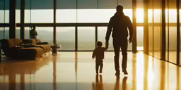 silhouette of adult and child walking towards outdoor area with furniture