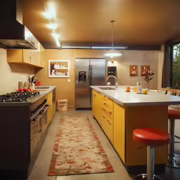 a kitchen with a table, stove and stools