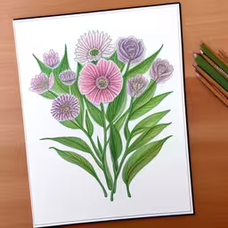drawing of flower arrangement with markers on the side of the card,a drawing with watercolors and pencils on a table