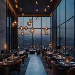 the restaurant is overlooking a city at dusk