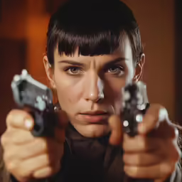 a woman pointing guns towards the camera