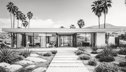 a modern desert home sits in the middle of palm trees