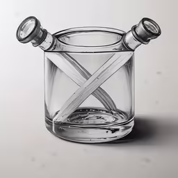 an ink drawing of crossed swords in a glass jar