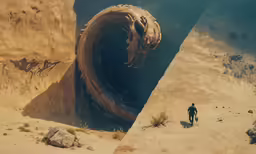 a man is walking through the desert while looking at an enormous tire