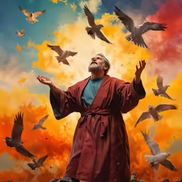 the man is wearing a robe and standing in front of a flock of birds