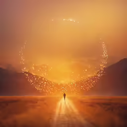 a person walks alone towards the sun with firework