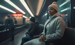 a woman sitting in a train station holding her head while people stand near