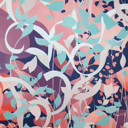 an abstract painting with a blue, pink and green pattern