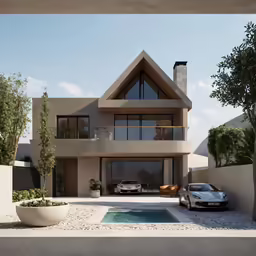 a house with an outdoor pool and car parked in front of it