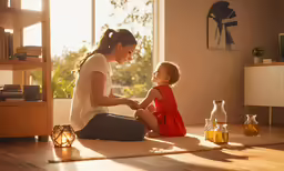 a woman sits on the floor next to a small child