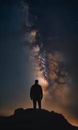 a man standing on top of a mountain in the night