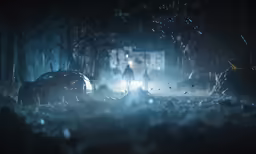 person walking away from parked cars in the dark