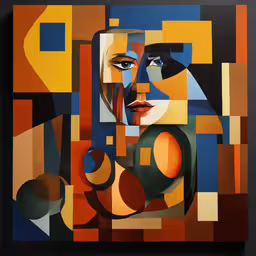 a painting with different colored shapes and faces,the face of a woman is displayed in an abstract painting