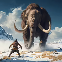 a giant and long horn mammoth walking across a snowy field