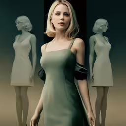 a girl is dressed in green in front of a mannequin