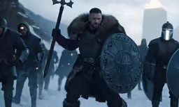 a man with a sword and some other people in the snow