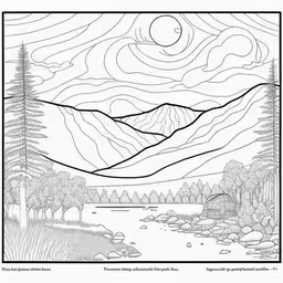 a drawing of mountains with trees and a lake,the landscape of a mountain forest, a lake and mountains in black and white