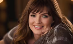 the woman smiles and looks directly at the camera