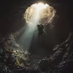 a person is diving in the cave