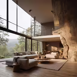 living room with large windows and a wooden floor