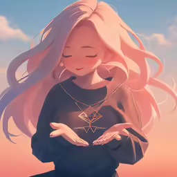 there is a woman holding onto a necklace
