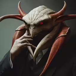 a demonic face wearing a business suit and red eyes