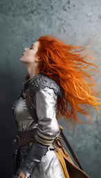 a woman with red hair is in a medieval costume