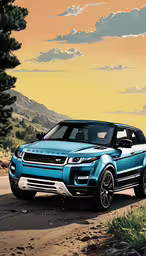 an illustration of a blue land rover in the mountains,the blue and black range rover is driving down a desert road