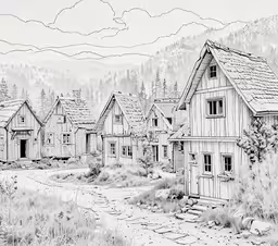 some houses are in the mountains, one with a road,an old country house with a lot of trees in the background