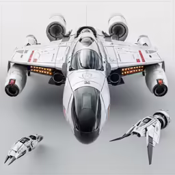 a futuristic war jet fighter ship on a white surface