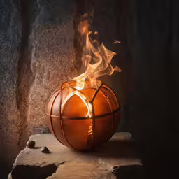 a basketball is glowing and blazing in the air