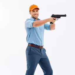 the man is holding a gun and wearing an orange hat