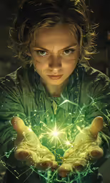 a woman holds the hand of her hands with spark in it