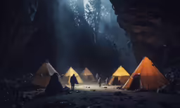 tents pitched up in the middle of an underground forest