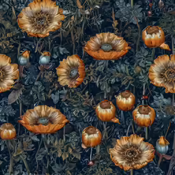 a painting of several orange flowers with leaves and berries