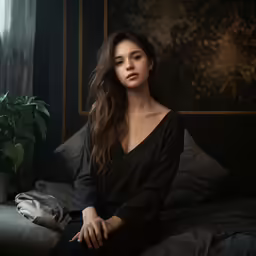the young woman sits on the bed in front of the window