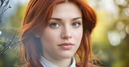 a woman with a red hair and tie stares into the distance