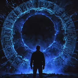man standing in front of blue background, with a ring on top of the circle