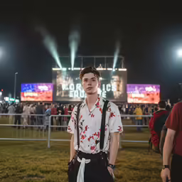 a young man with suspenders and an overalls, is standing in front of a crowd of people