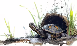 two small turtles are sitting together next to some grass